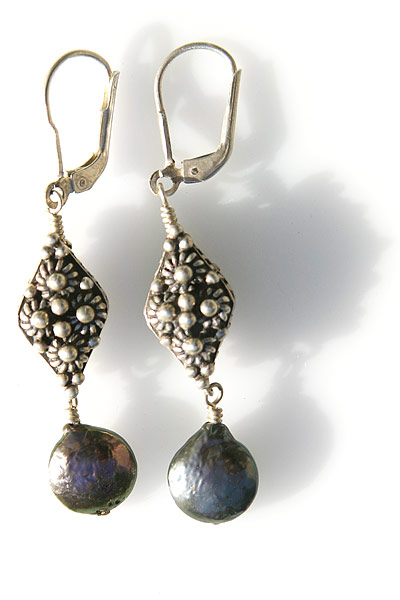 Peacock Pearls and Bali Bead Earrings